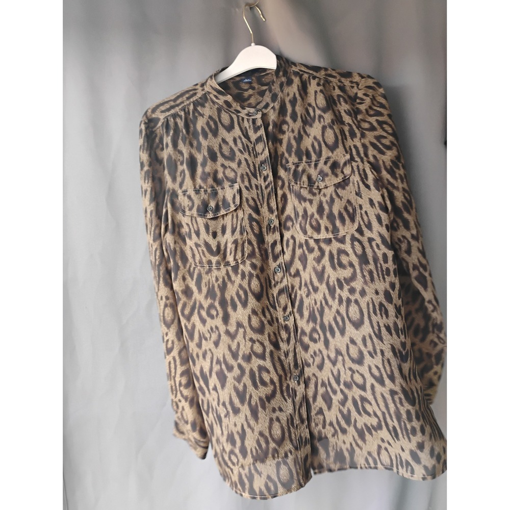 Chaps Womens Leopard Print Button Down Blouse Mandarin Collar Brown Large